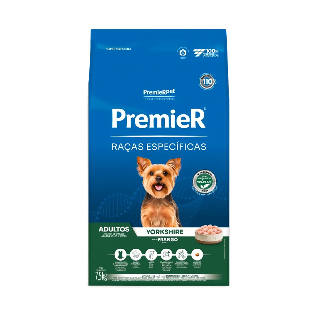 Ração Premier Raças Específicas para Cães Adultos Yorkshire Sabor Frango 7,5Kg