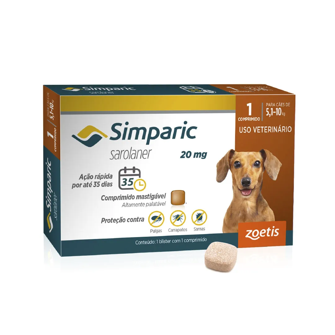 Antipulgas e Carrapatos Simparic 20mg para Cães 5,1 a 10Kg 1 Comprimido Zoetis