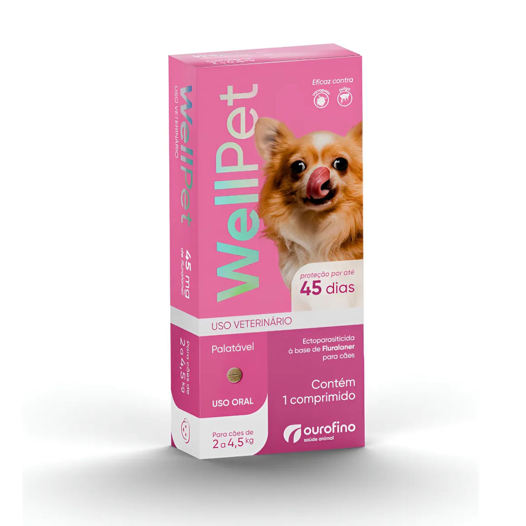 Antipulgas e Carrapatos WellPet 45mg para Cães de 2Kg a 4,5Kg 1 Comprimido Ourofino