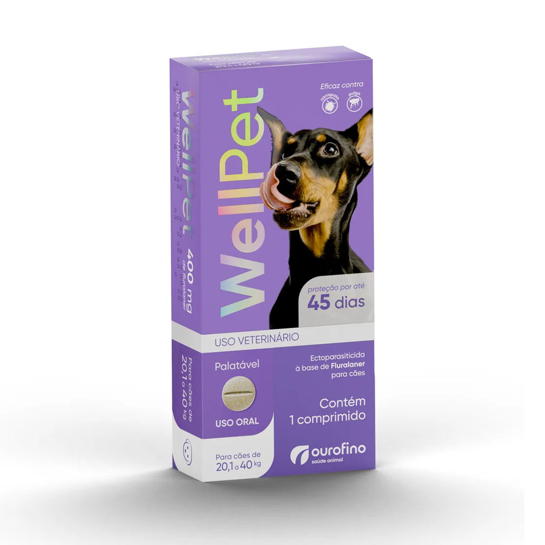 Antipulgas e Carrapatos WellPet 400mg para Cães de 20,1Kg a 40Kg 1 Comprimido Ourofino