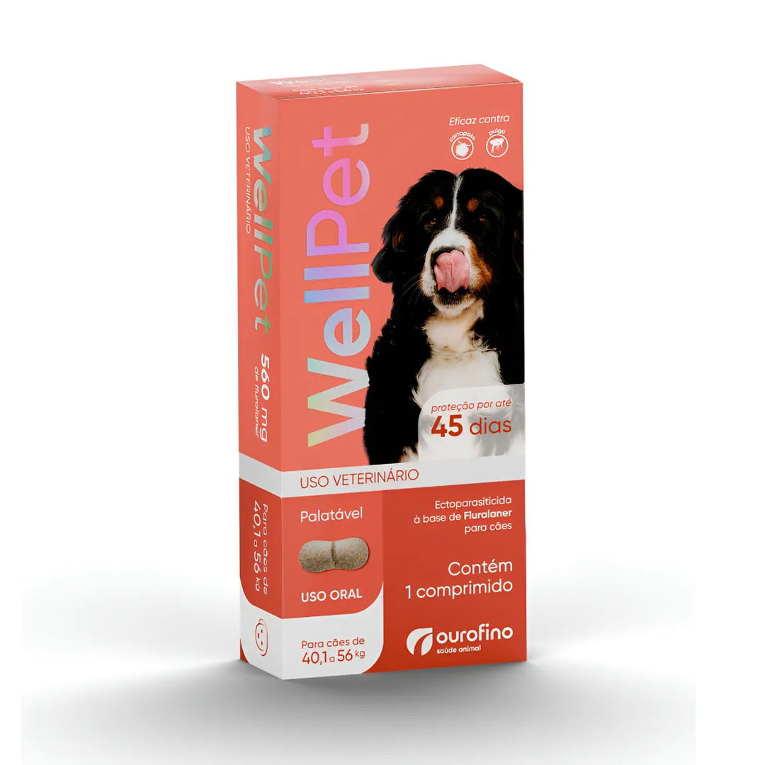 Antipulgas e Carrapatos WellPet 560mg para Cães de 40,1Kg a 56Kg 1 Comprimido Ourofino