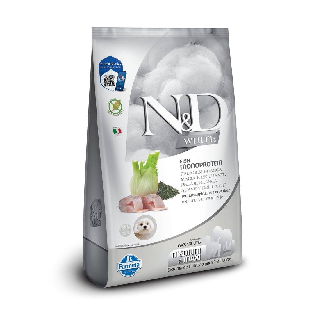 Ração Farmina N&D White para Cães Adultos de Raças Médias e Grandes Sabor Merluza, Spirulina e Erva Doce 7Kg