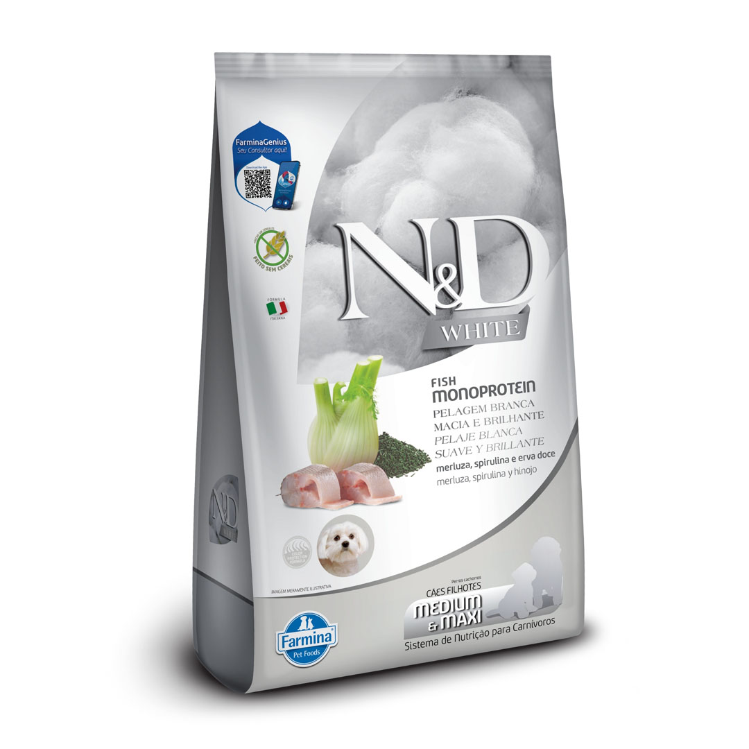 Ração Farmina N&D White para Cães Filhotes de Raças Médias e Grandes Sabor Merluza, Spirulina e Erva Doce 1,5Kg