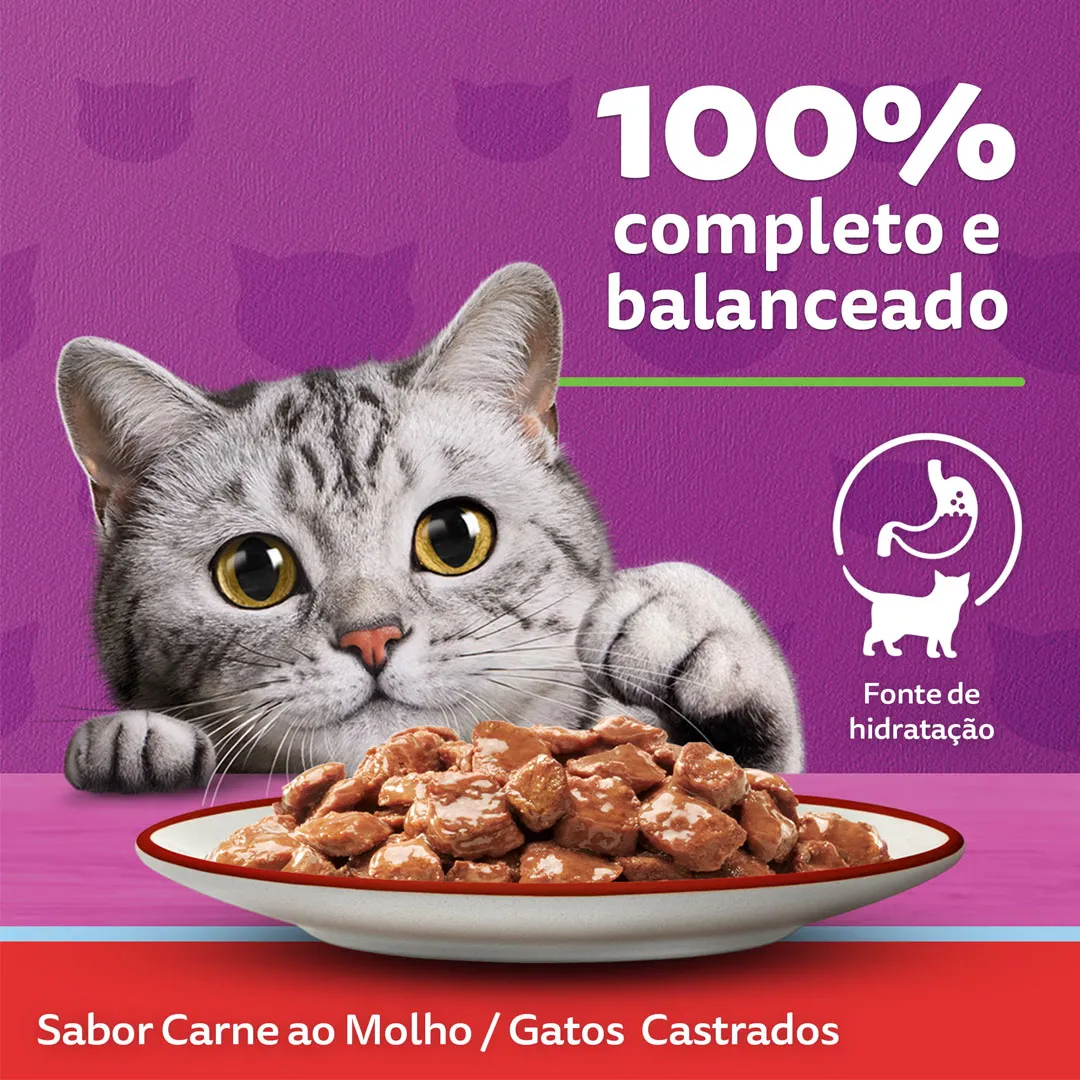Ração Úmida Whiskas Sachê para Gatos Castrados Sabor Carne 85g