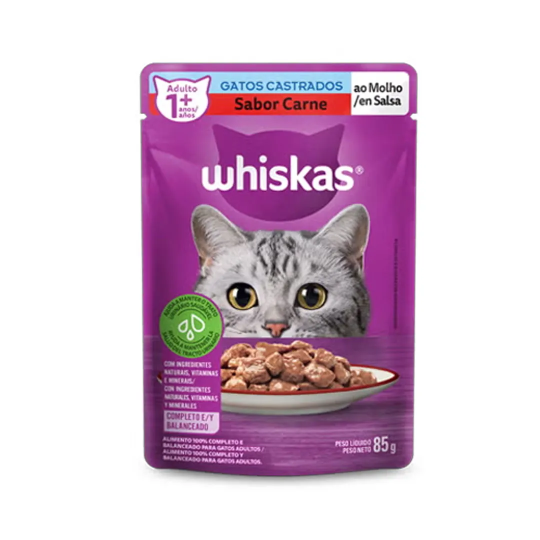 Ração Úmida Whiskas Sachê para Gatos Castrados Sabor Carne 85g
