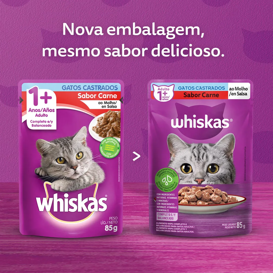 Ração Úmida Whiskas Sachê para Gatos Castrados Sabor Carne 85g