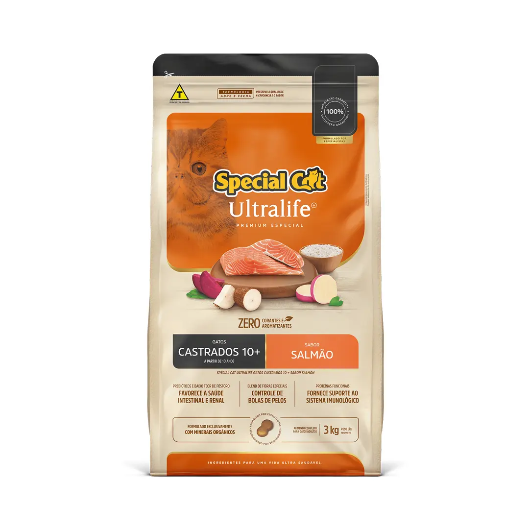 Ração Special Cat Ultralife para Gatos Castrados 10+ Sabor Salmão 3Kg