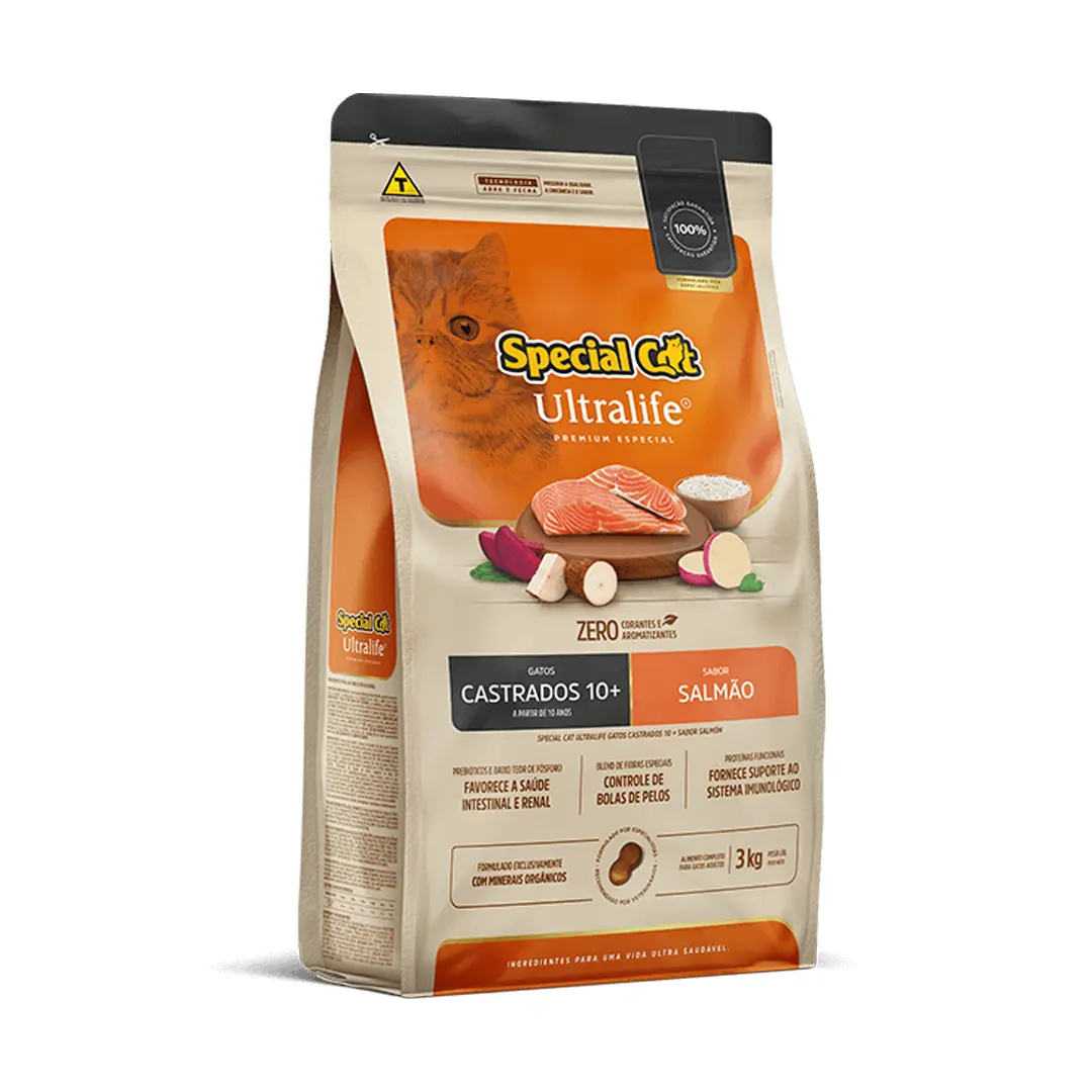 Ração Special Cat Ultralife para Gatos Castrados 10+ Sabor Salmão 3Kg