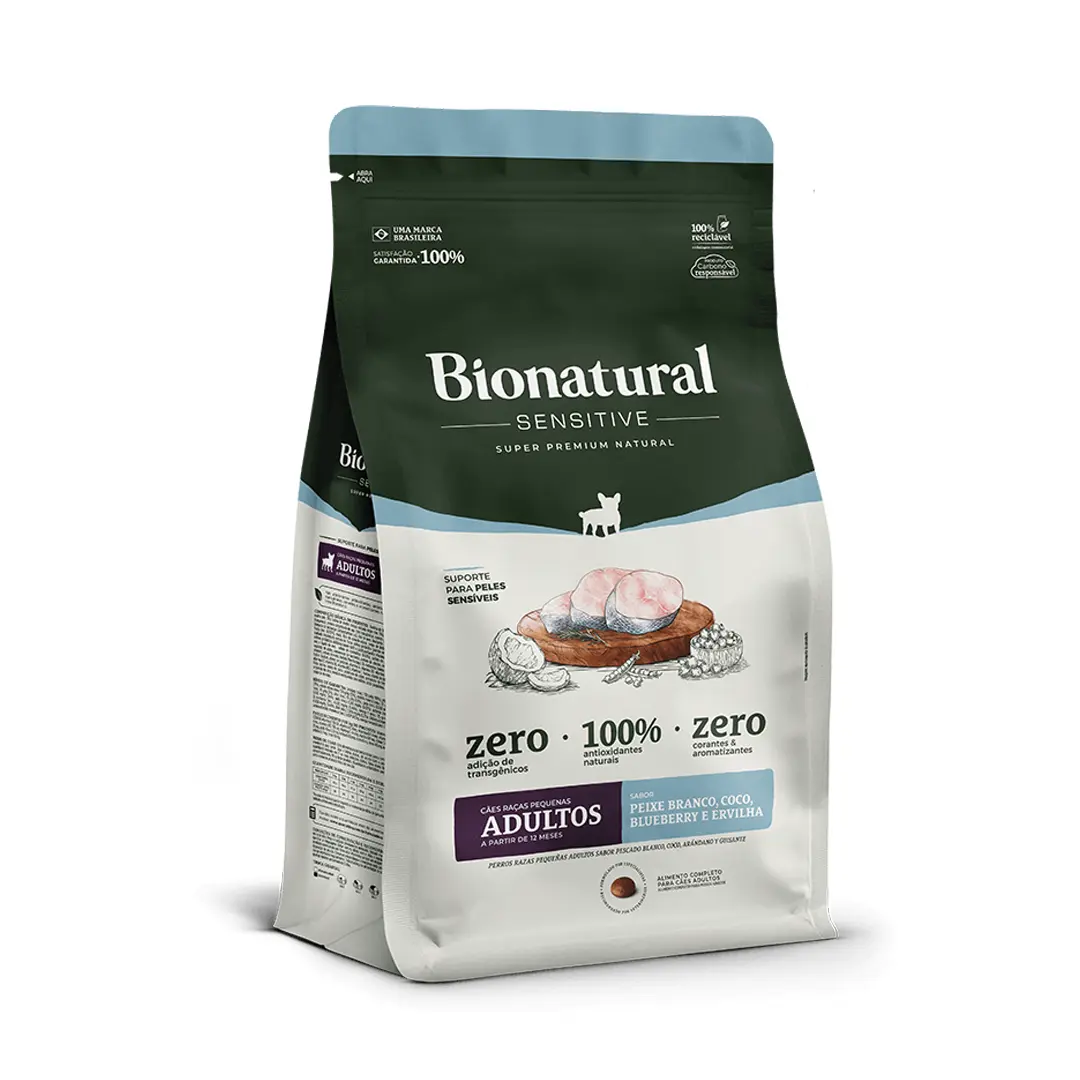 Ração Bionatural Sensitive para Cães Adultos de Raças Pequenas Sabor Peixe Branco, Coco, Blueberry e Ervilha 2,5Kg