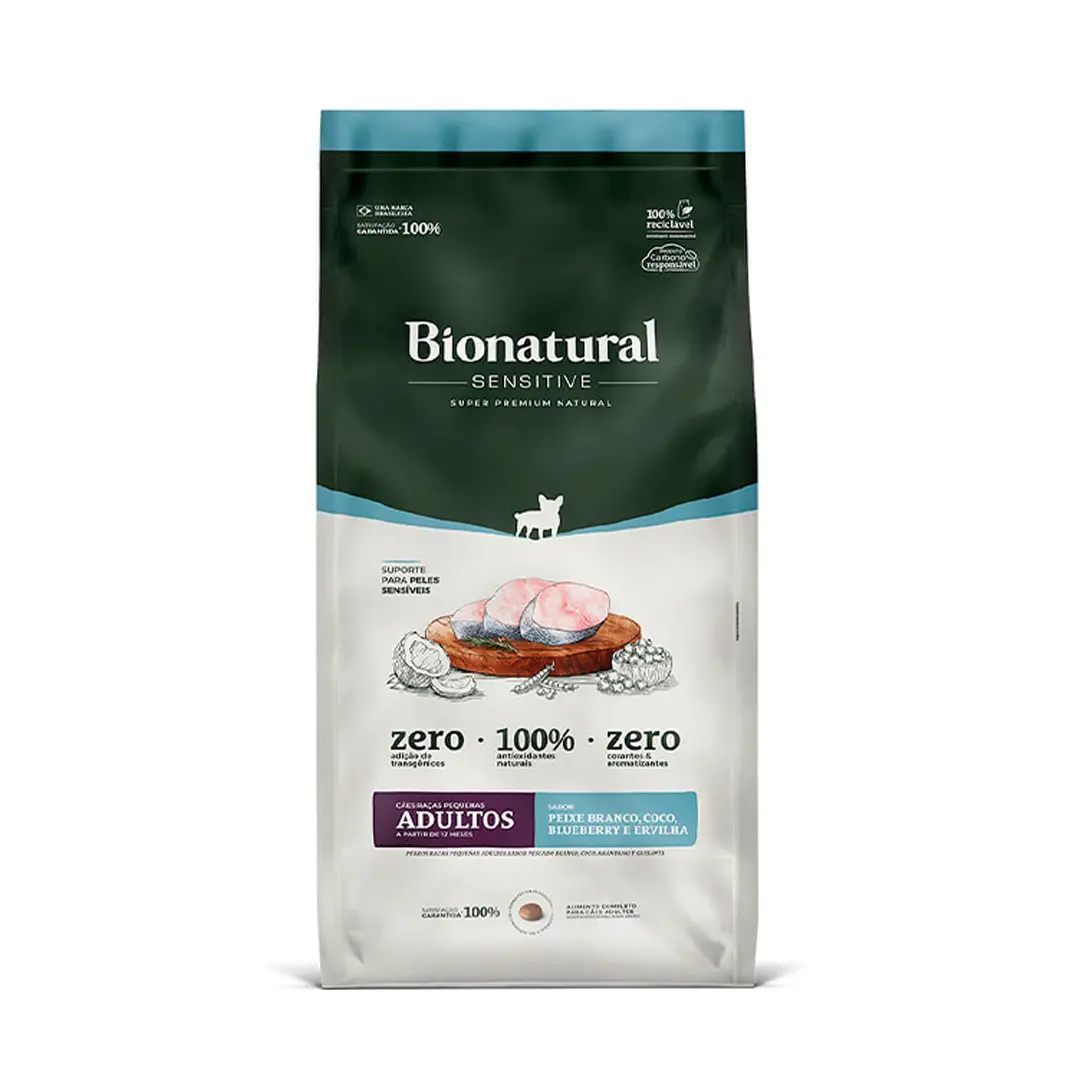 Ração Bionatural Sensitive para Cães Adultos de Raças Pequenas Sabor Peixe Branco, Coco, Blueberry e Ervilha 2,5Kg
