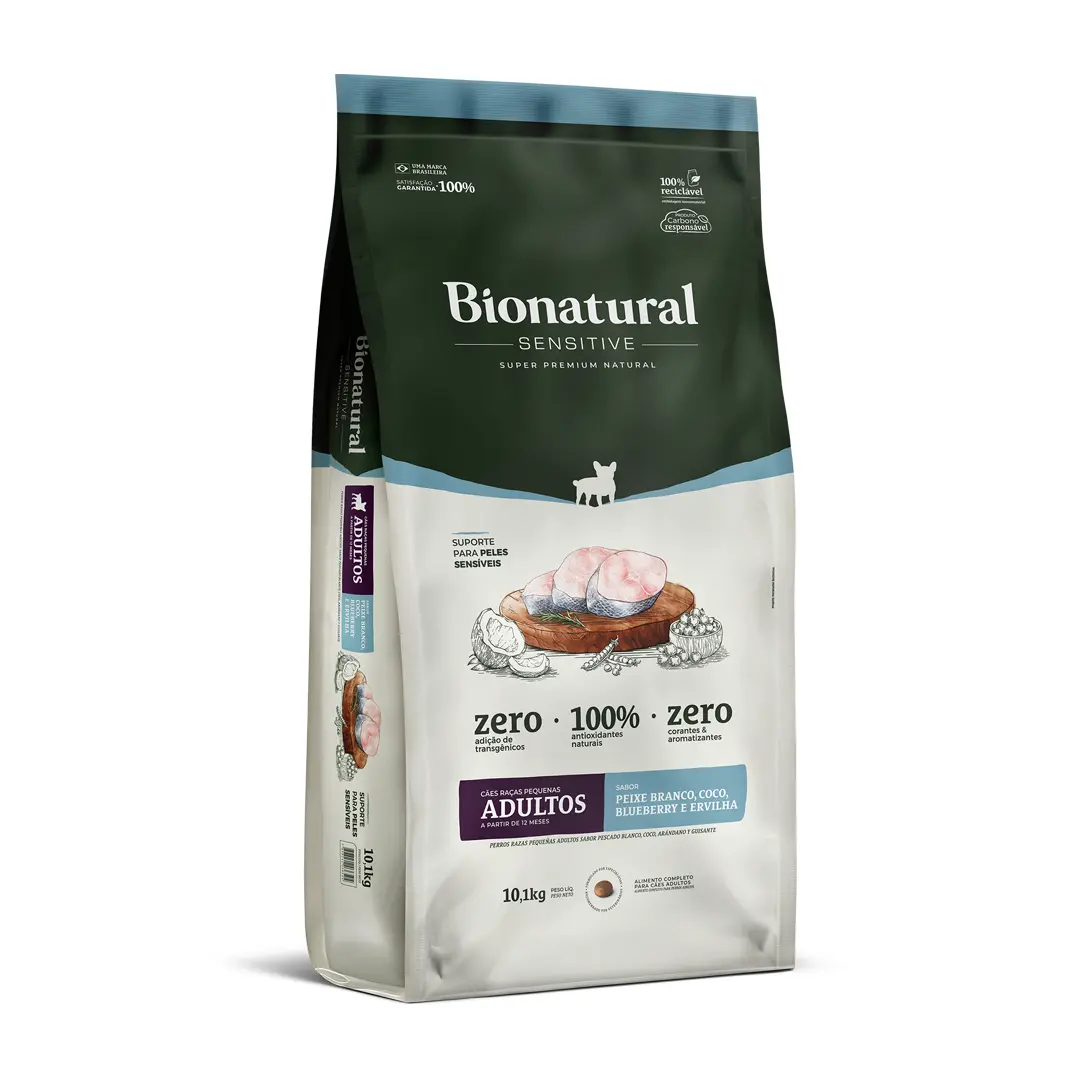 Ração Bionatural Sensitive para Cães Adultos de Raças Pequenas Sabor Peixe Branco, Coco, Blueberry e Ervilha 10,1Kg