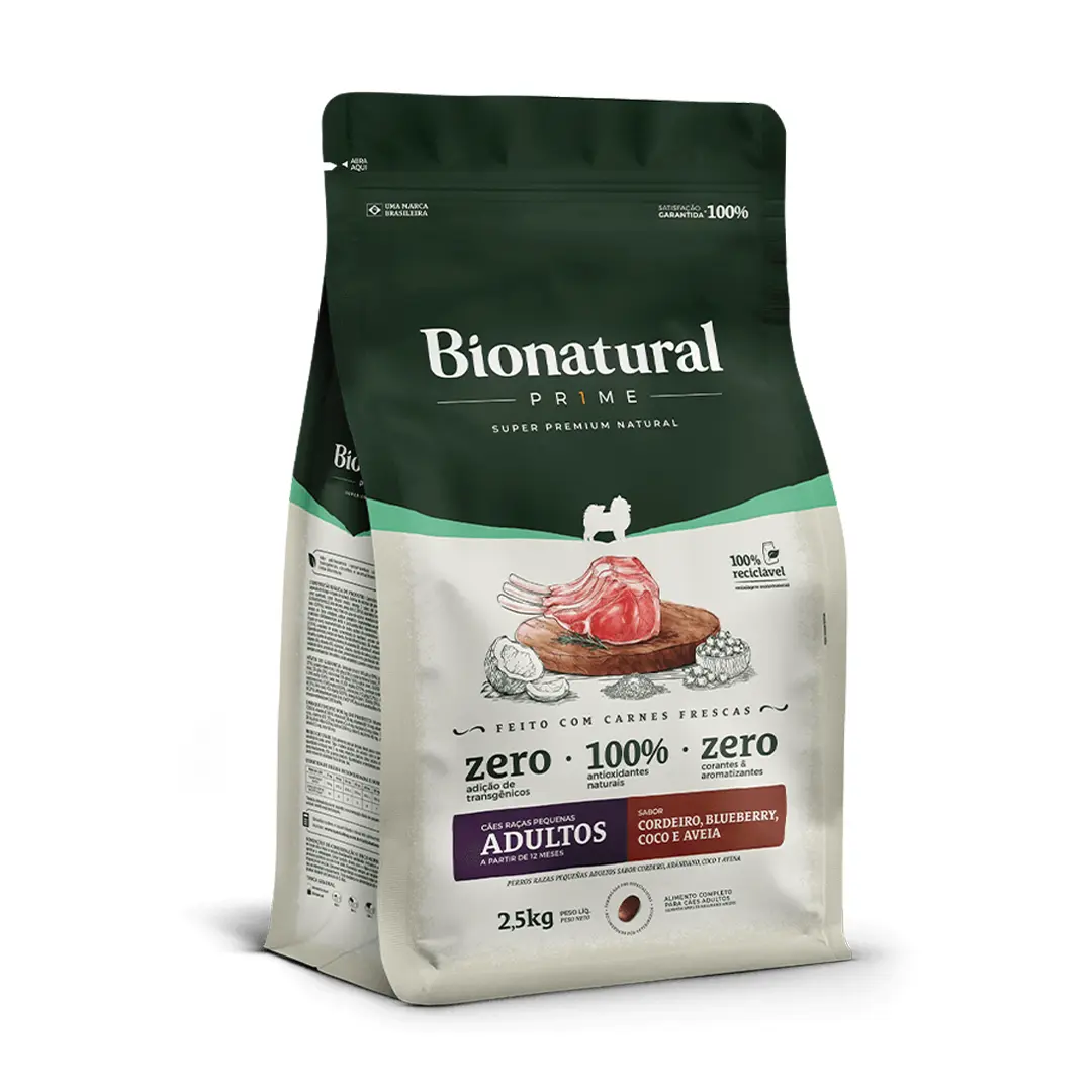 Ração Bionatural Prime para Cães Adultos de Raças Pequenas Sabor Cordeiro, Coco, Blueberry e Aveia 2,5Kg