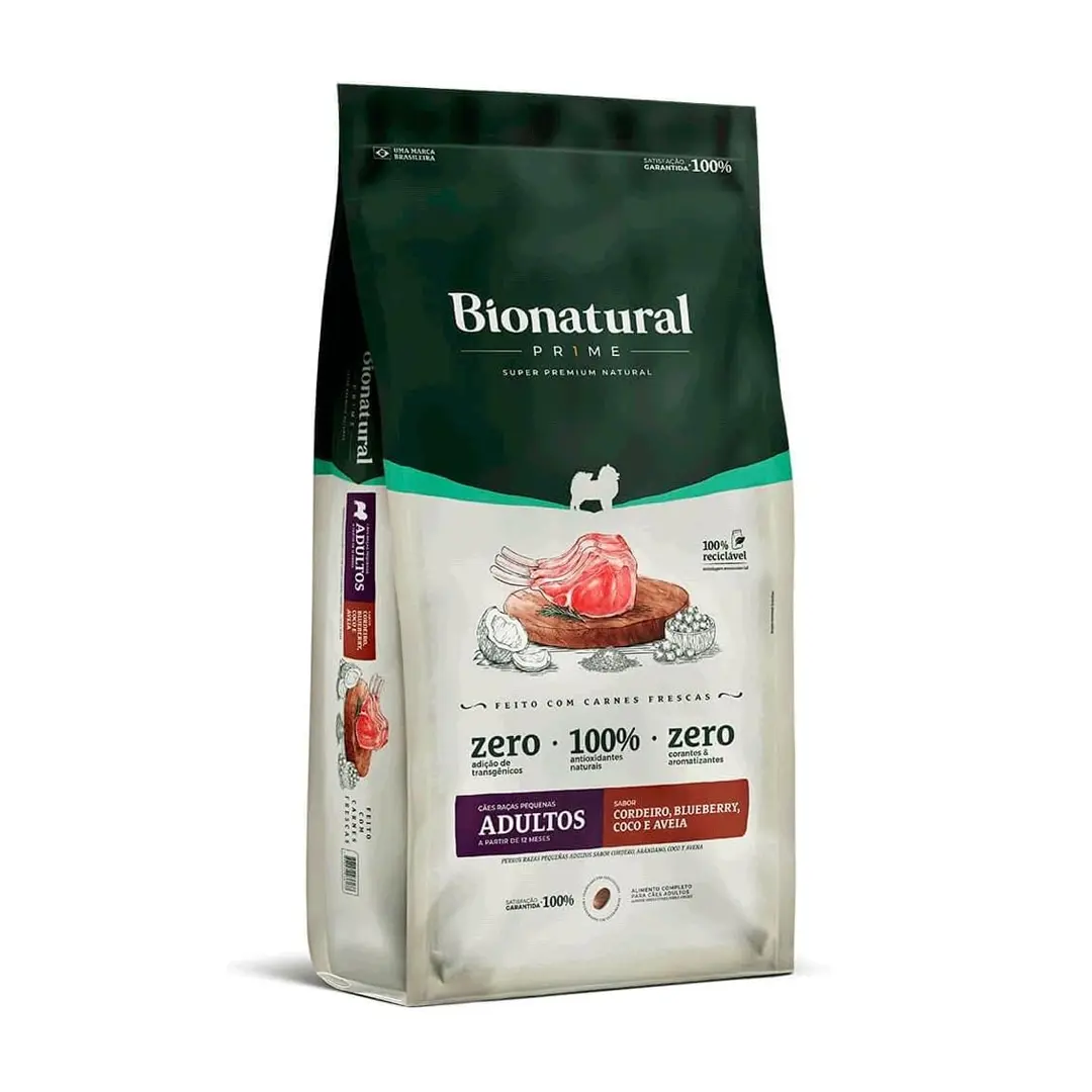 Ração Bionatural Prime para Cães Adultos de Raças Pequenas Sabor Cordeiro, Coco, Blueberry e Aveia 10,1Kg