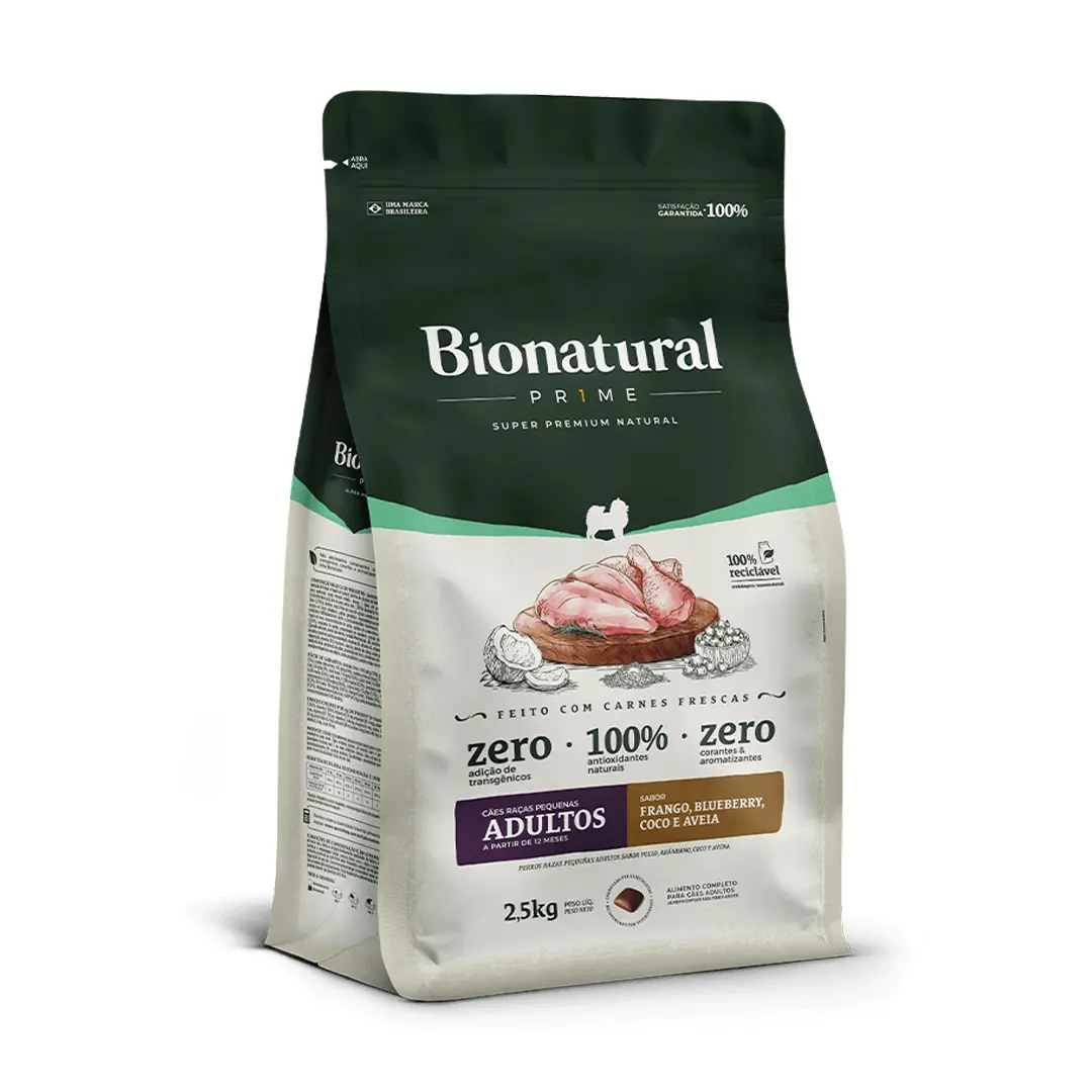 Ração Bionatural Prime para Cães Adultos de Raças Pequenas Sabor Frango, Coco, Blueberry e Aveia 2,5Kg