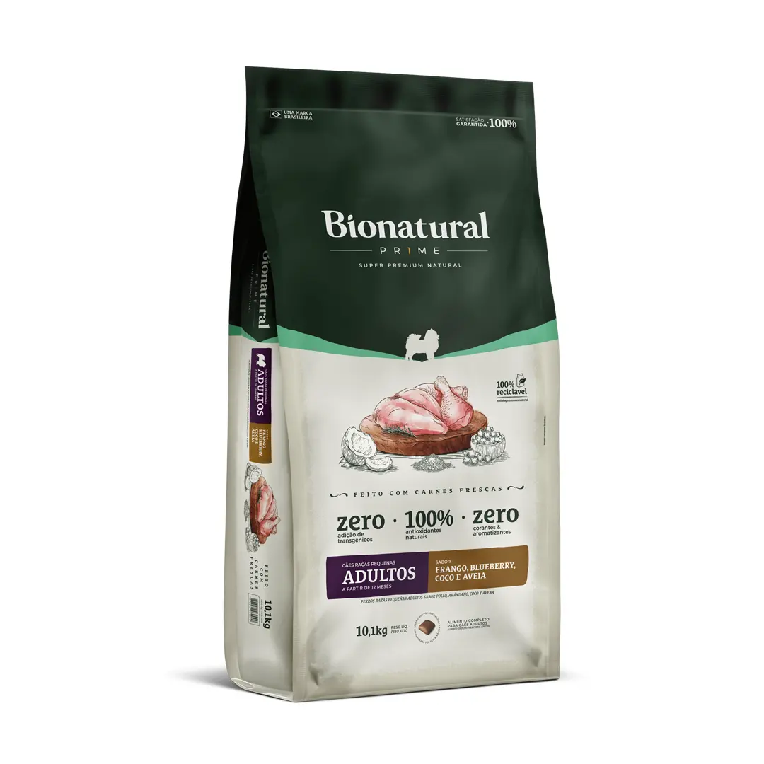 Ração Bionatural Prime para Cães Adultos de Raças Pequenas Sabor Frango, Coco, Blueberry e Aveia 10,1Kg
