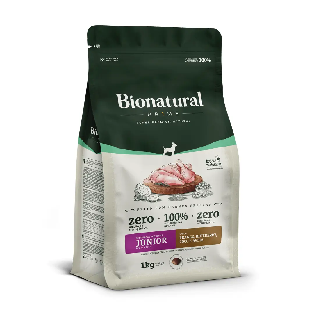 Ração Bionatural Prime para Cães Filhotes de Raças Pequenas Sabor Frango, Coco, Blueberry e Aveia 1Kg