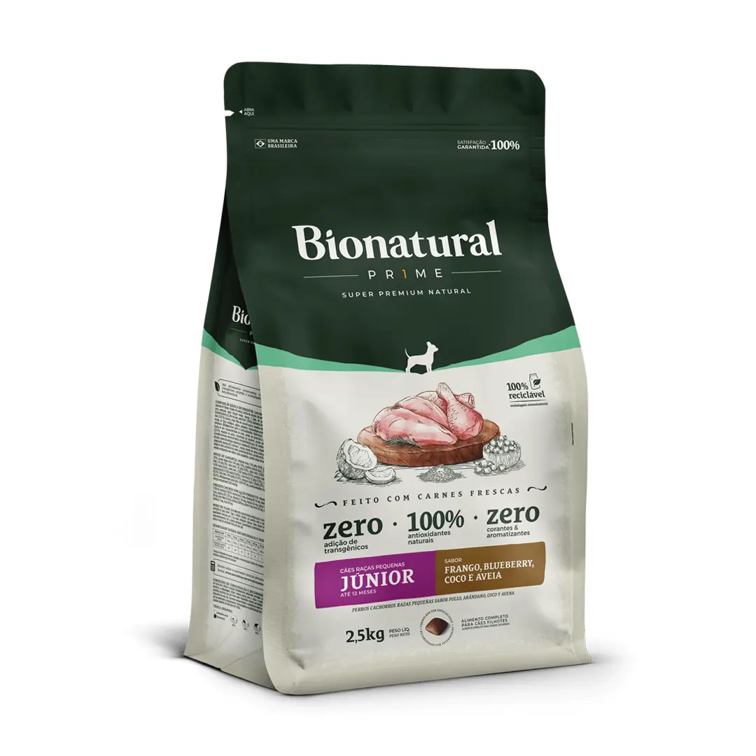 Ração Bionatural Prime para Cães Filhotes de Raças Pequenas Sabor Frango, Coco, Blueberry e Aveia 2,5Kg