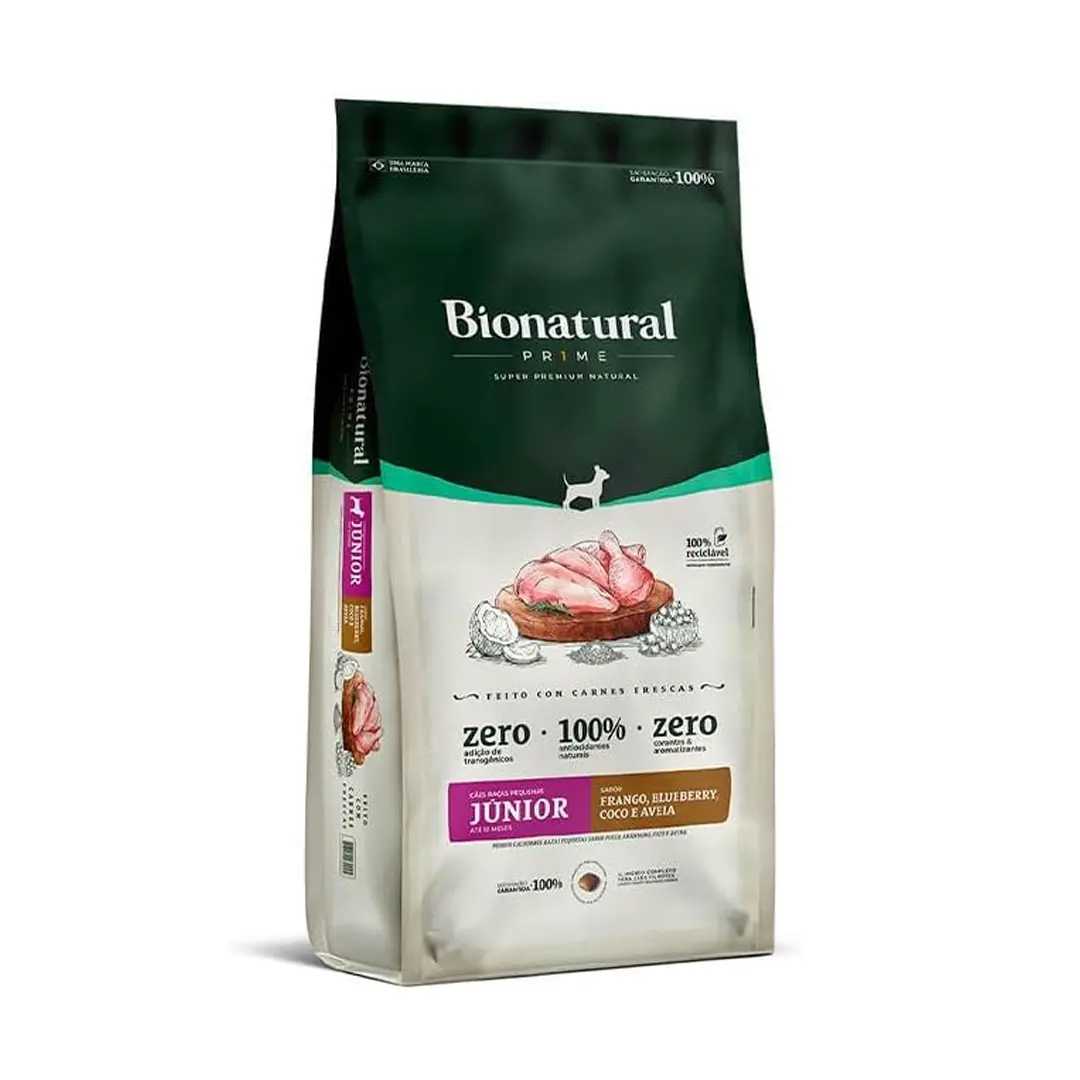 Ração Bionatural Prime para Cães Filhotes de Raças Pequenas Sabor Frango, Coco, Blueberry e Aveia 10,1Kg
