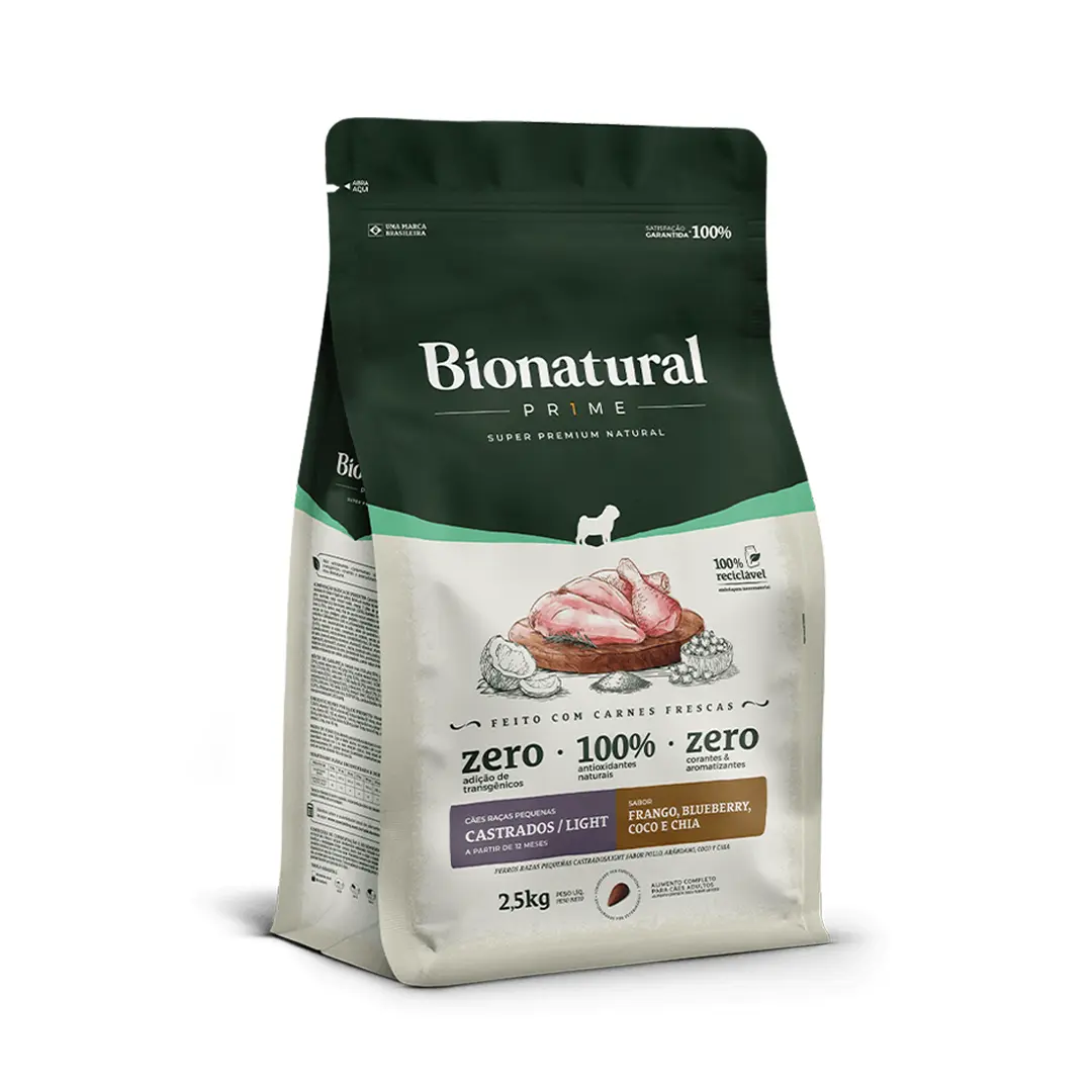 Ração Bionatural Prime para Cães Castrados de Raças Pequenas Sabor Frango, Blueberry, Coco e Chia 2,5Kg