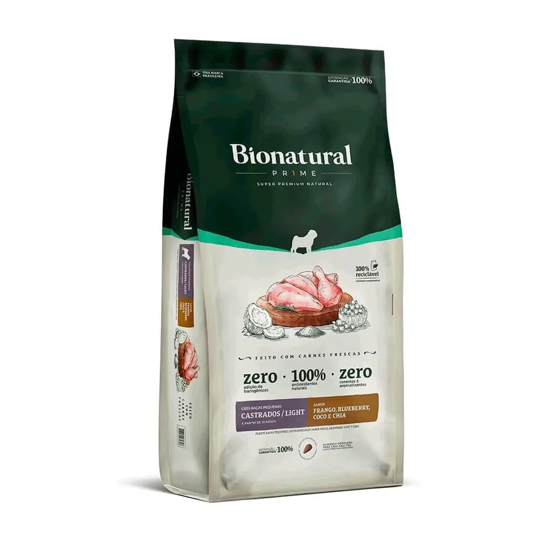 Ração Bionatural Prime para Cães Castrados de Raças Pequenas Sabor Frango, Blueberry, Coco e Chia 10,1Kg
