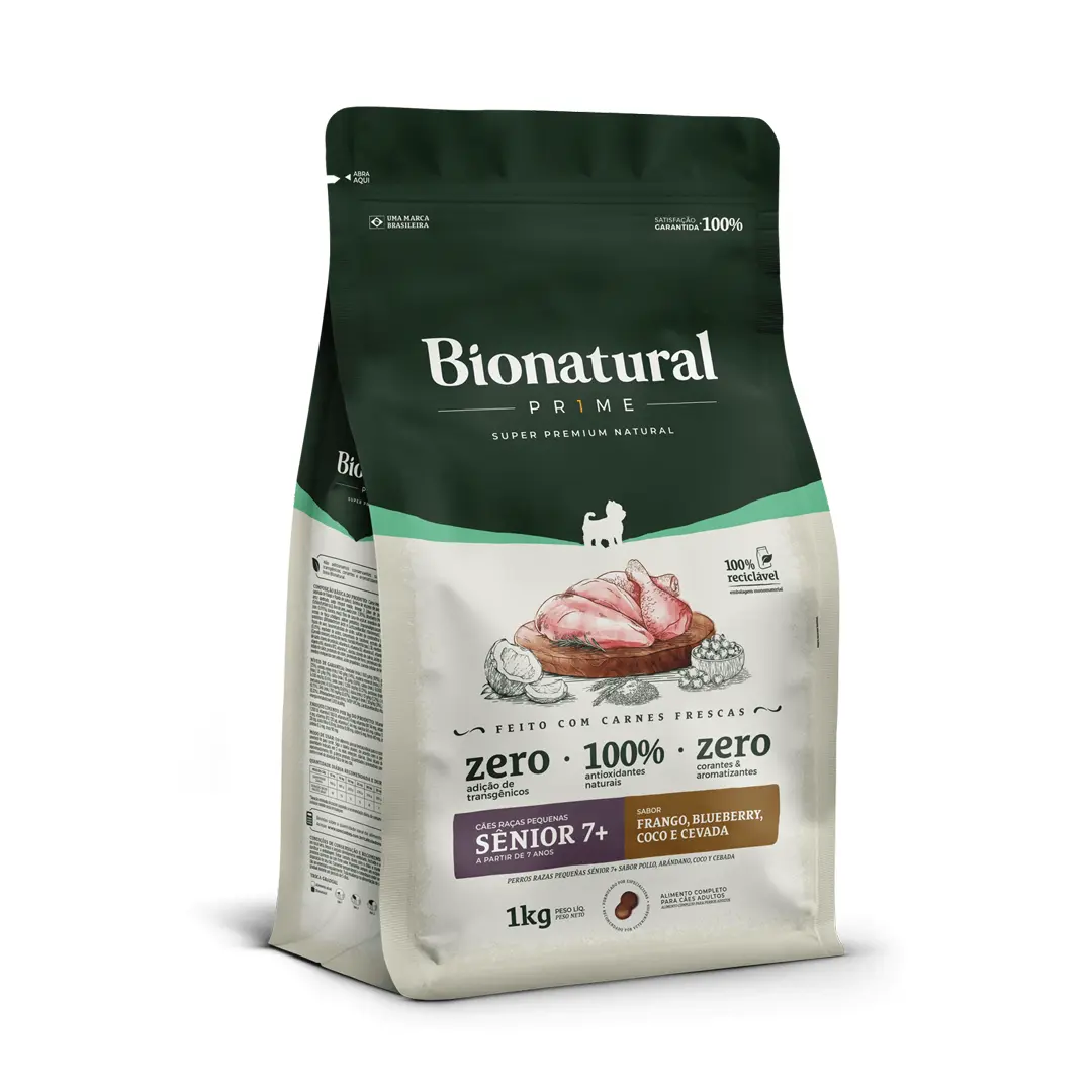 Ração Bionatural Prime para Cães de Raças Pequenas Sênior 7+ Sabor Frango, Blueberry, Coco e Cevada 1Kg