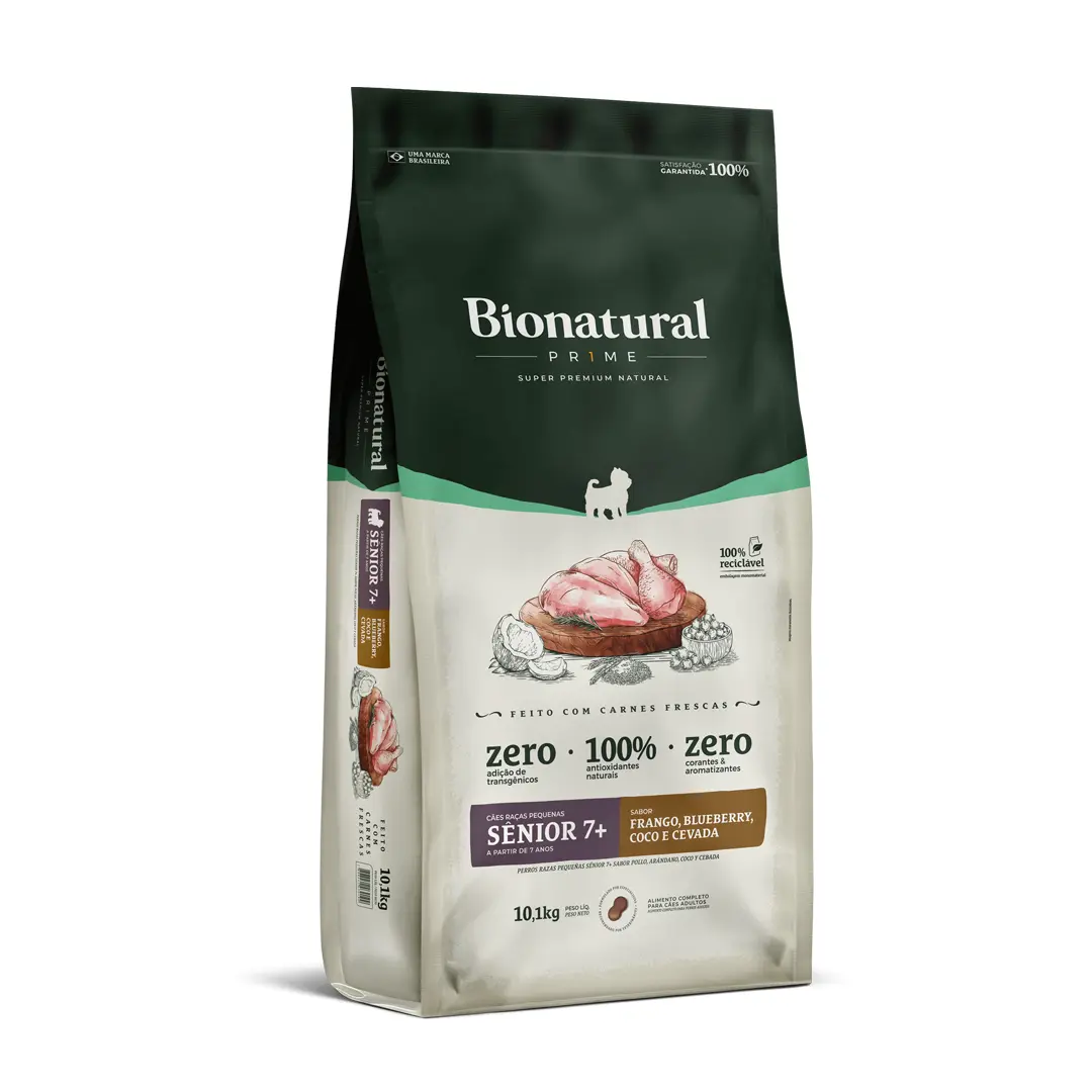 Ração Bionatural Prime para Cães de Raças Pequenas Sênior 7+ Sabor Frango, Blueberry, Coco e Cevada 10,1Kg