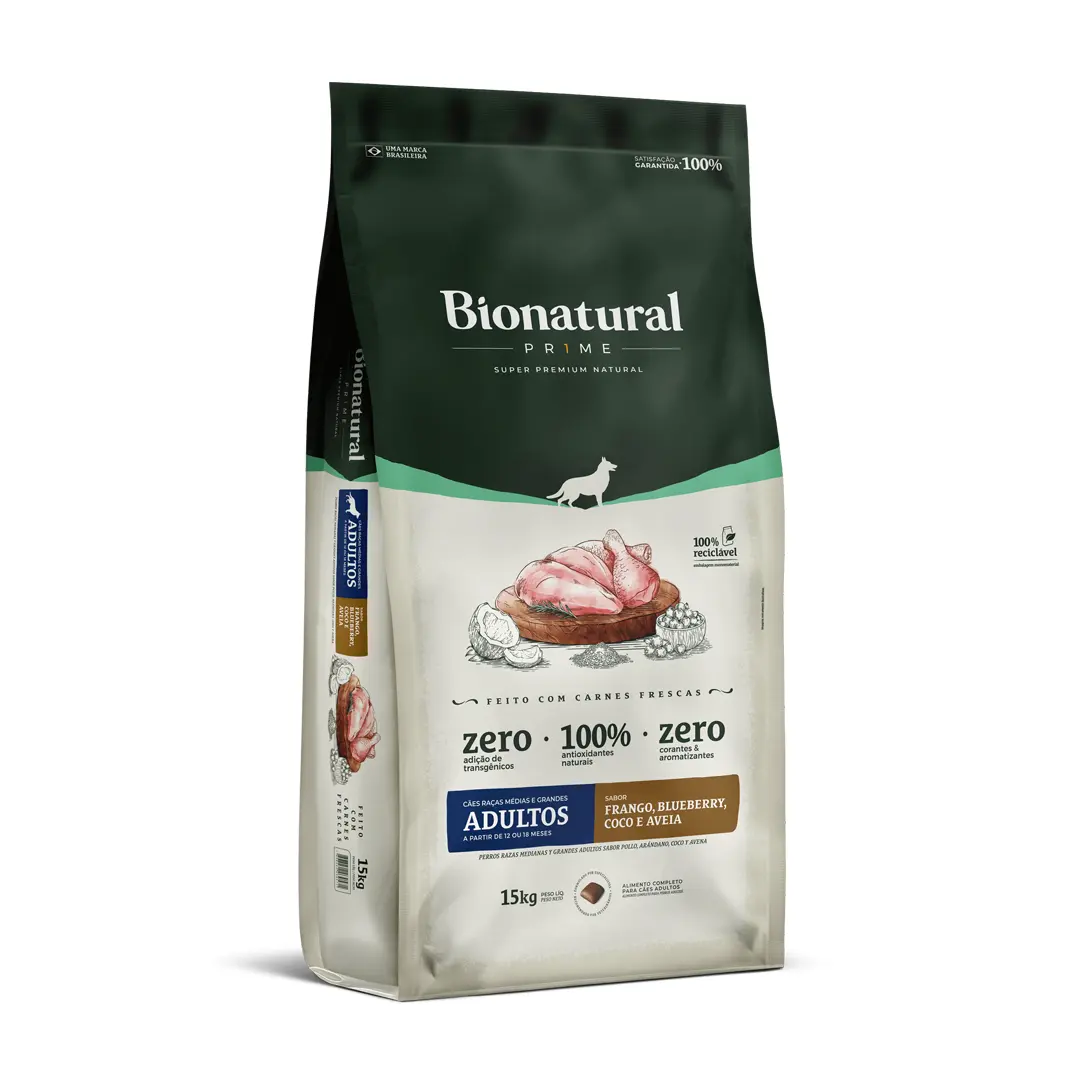 Ração Bionatural Prime para Cães Adultos de Raças Médias e Grandes Sabor Frango, Blueberry, Coco e Aveia 15Kg