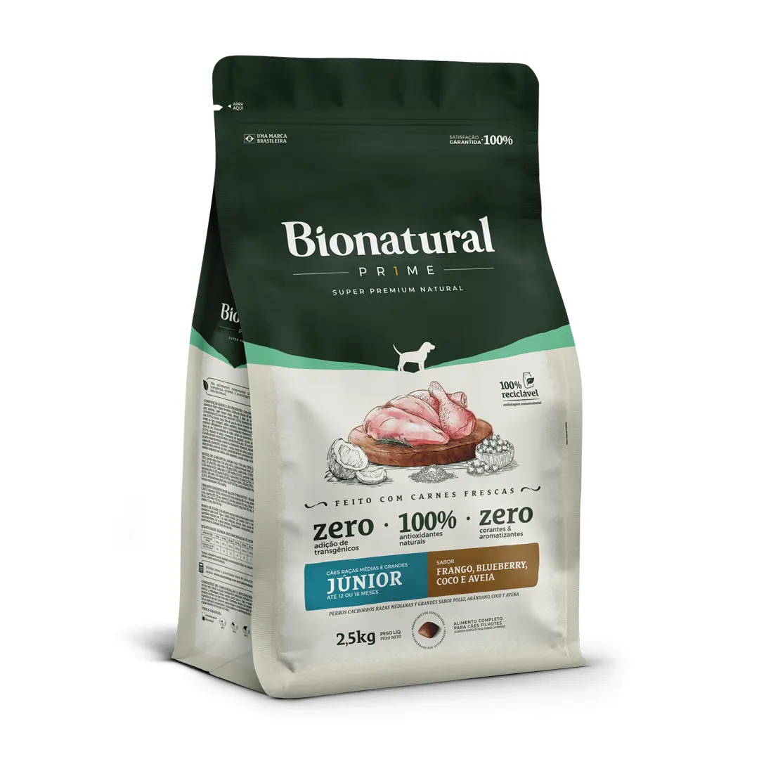 Ração Bionatural Prime para Cães Filhotes de Raças Médias e Grandes Sabor Frango, Blueberry, Coco e Aveia 2,5Kg