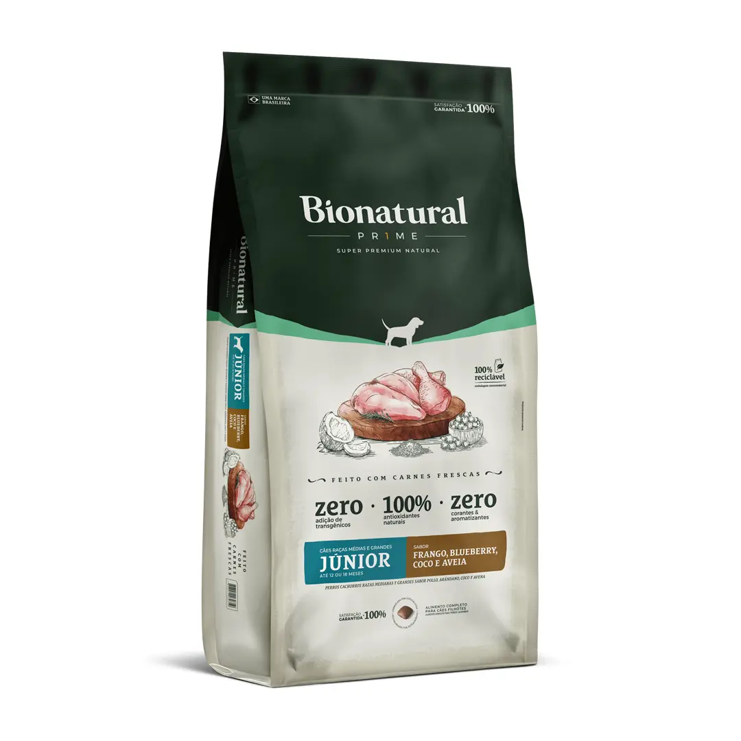 Ração Bionatural Prime para Cães Filhotes de Raças Médias e Grandes Sabor Frango, Blueberry, Coco e Aveia 15Kg