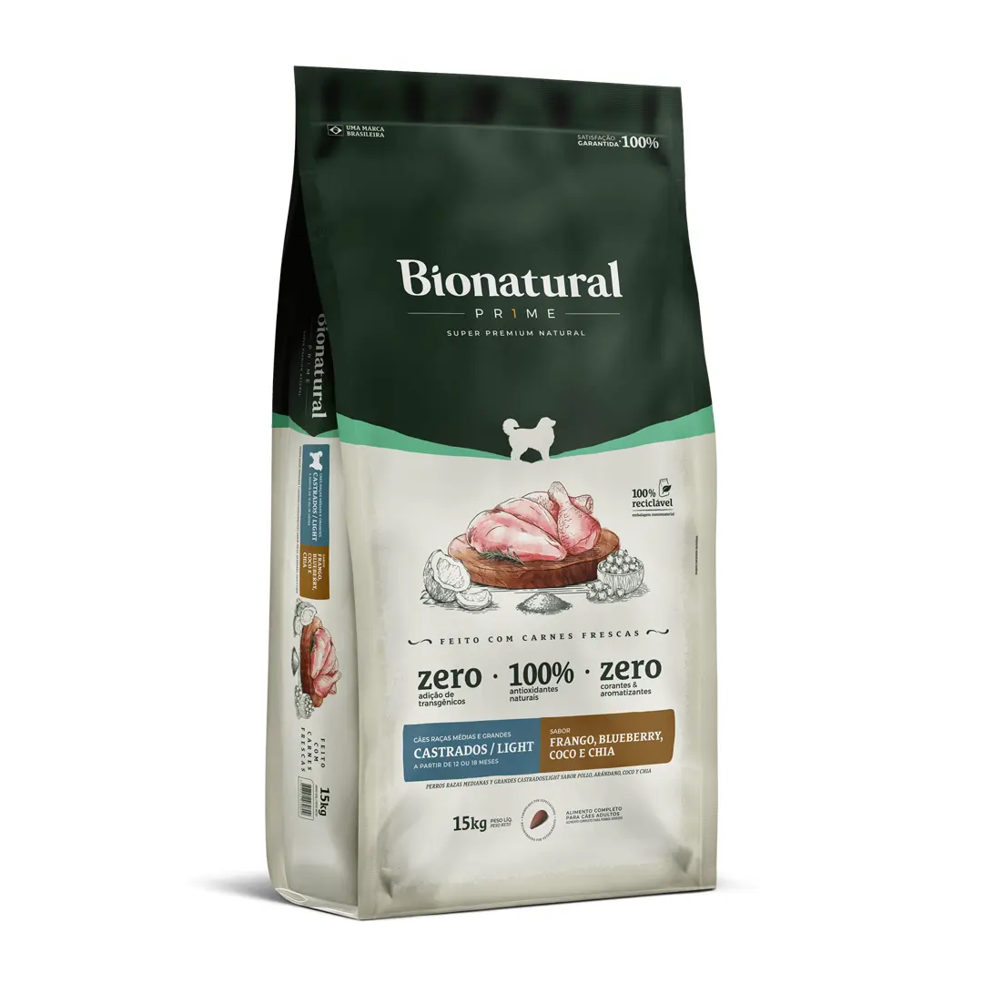 Ração Bionatural Prime para Cães Castrados de Raças Médias e Grandes Sabor Frango, Blueberry, Coco e Chia 15Kg