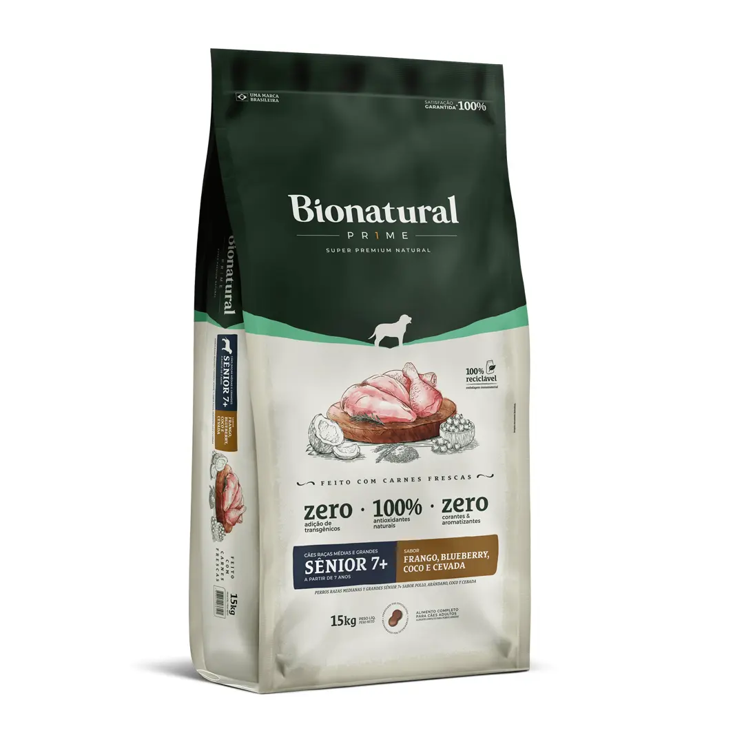 Ração Bionatural Prime para Cães de Raças Médias e Grandes Sênior 7+ Sabor Frango, Blueberry, Coco e Cevada 15Kg