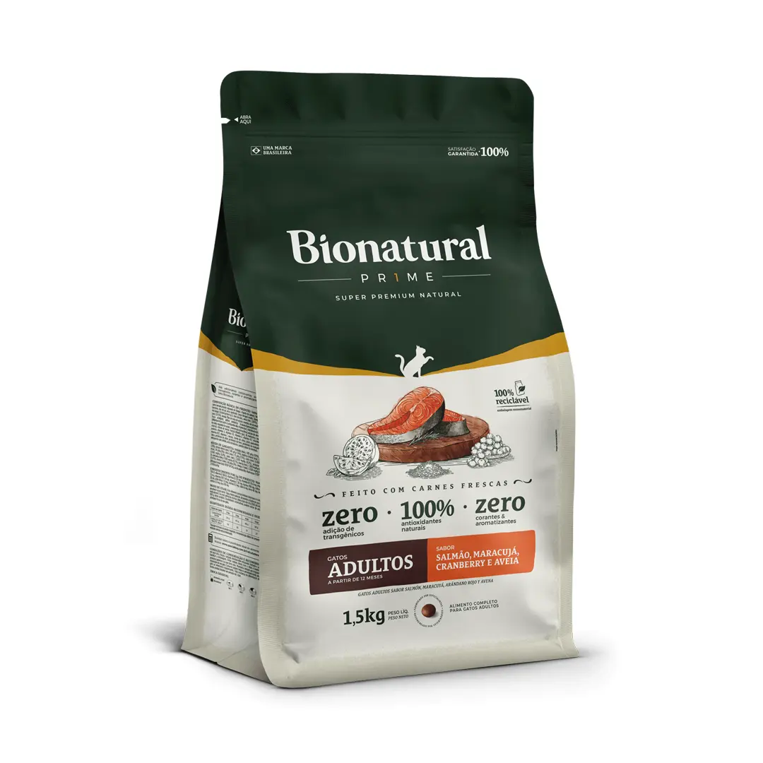 Ração Bionatural Prime para Gatos Adultos Sabor Salmão, Maracujá, Cranberry e Aveia 1,5Kg