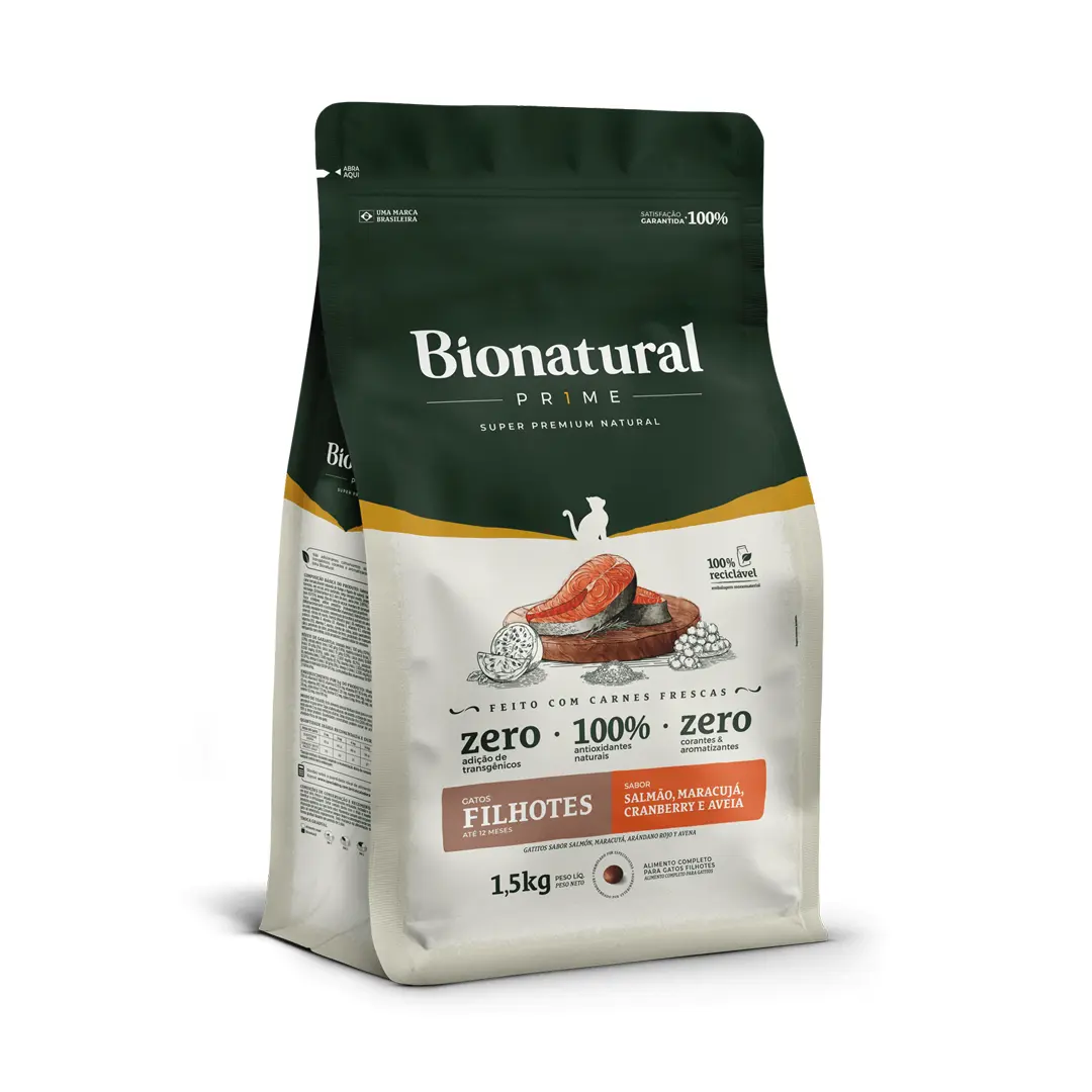 Ração Bionatural Prime para Gatos Filhotes Sabor Salmão, Maracujá, Cranberry e Aveia 1,5Kg