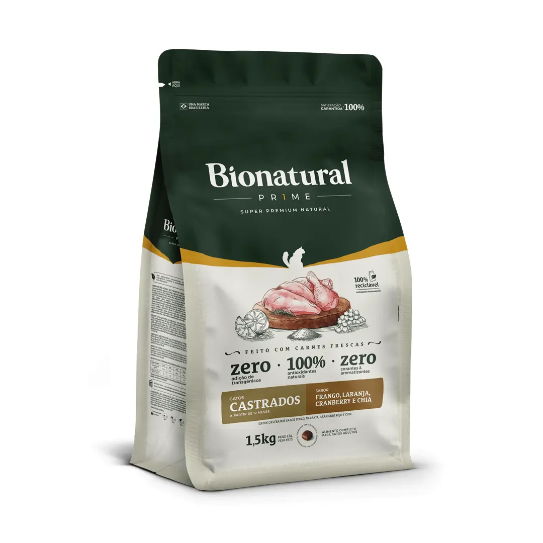 Ração Bionatural Prime para Gatos Castrados Sabor Frango, Laranja, Cranberry e Chia 1,5Kg