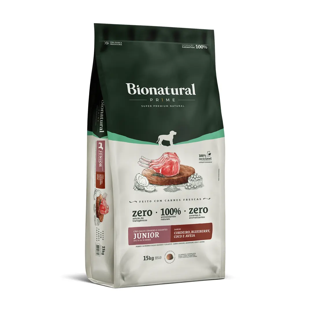 Ração Bionatural Prime para Cães Filhotes de Raças Grandes e Gigantes Sabor Cordeiro, Blueberry, Coco e Aveia 15Kg