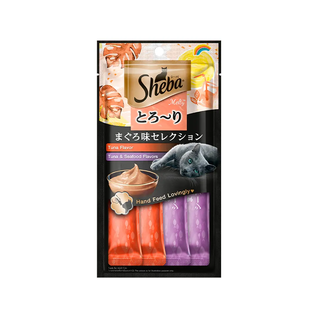 Petisco Cremoso Sheba para Gatos Adultos Sabores Atum e Camarão 4 Unidades
