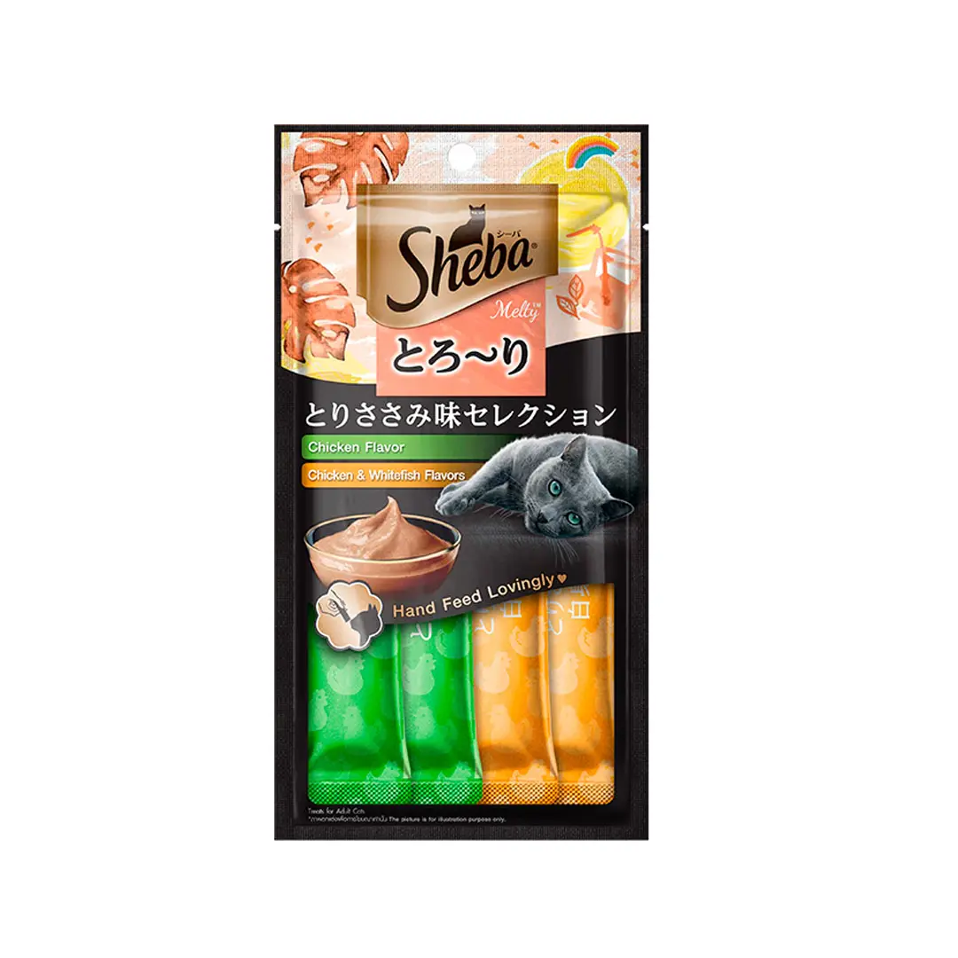 Petisco Cremoso Sheba para Gatos Adultos Sabores Frango e Peixe Branco 12g 4 Unidades