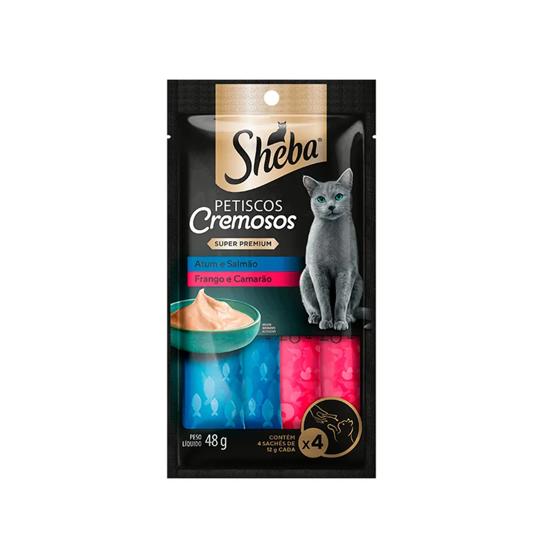Petisco Cremoso Sheba para Gatos Adultos Sabores Atum e Salmão & Frango e Camarão 4 Unidades