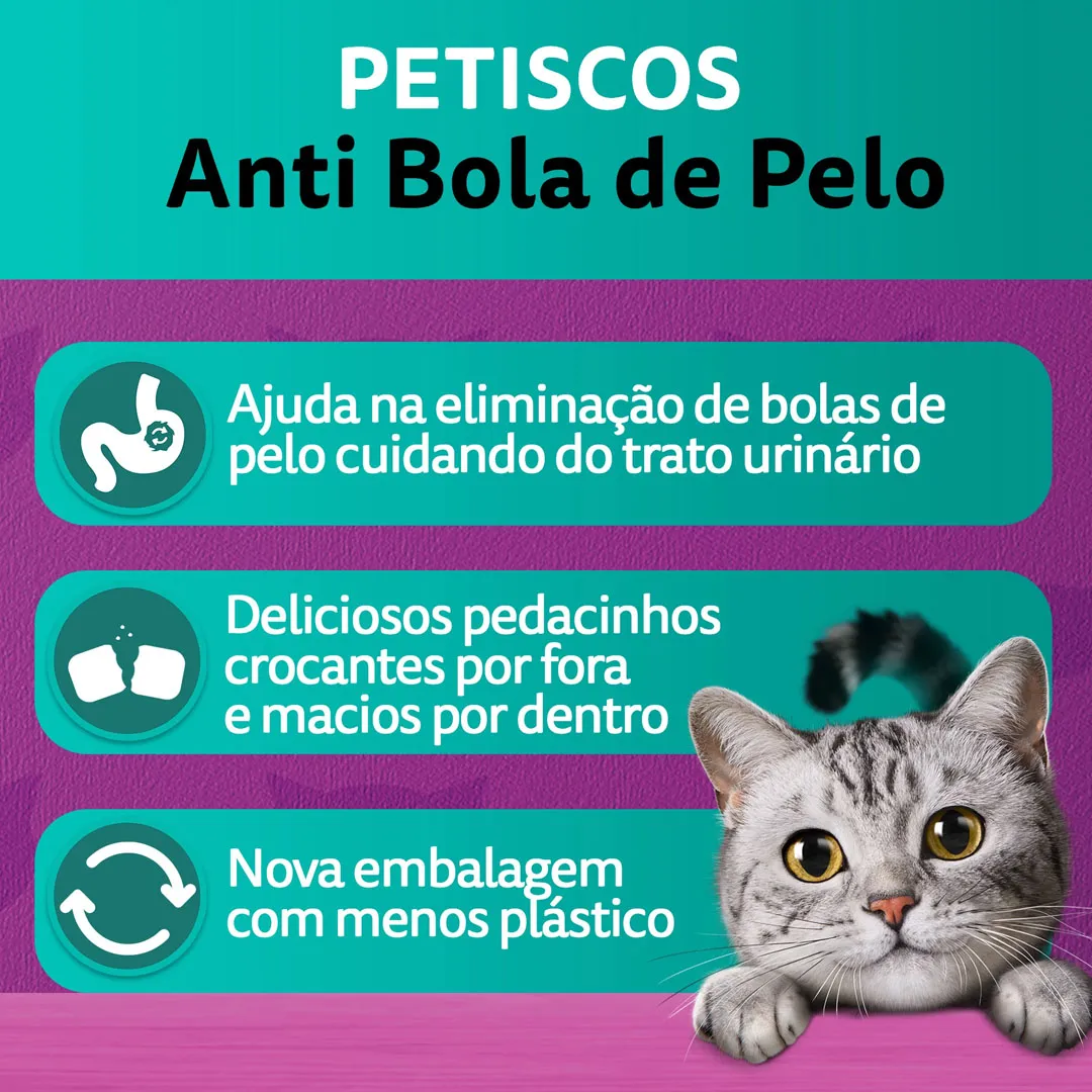 5x Petiscos Whiskas Anti Bola de Pelo para Gatos Adultos 40g