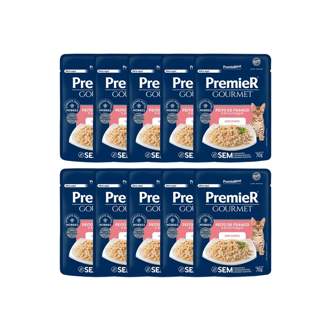 10 UN Premier Gourmet  Gatos Filhotes Peito de Frango e Arroz Integral 70g