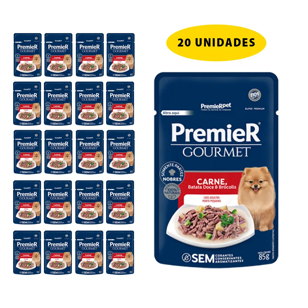 20 UN Premier Gourmet  Cães Adultos Porte Pequeno Carne, Batata Doce e Brócolis 85g