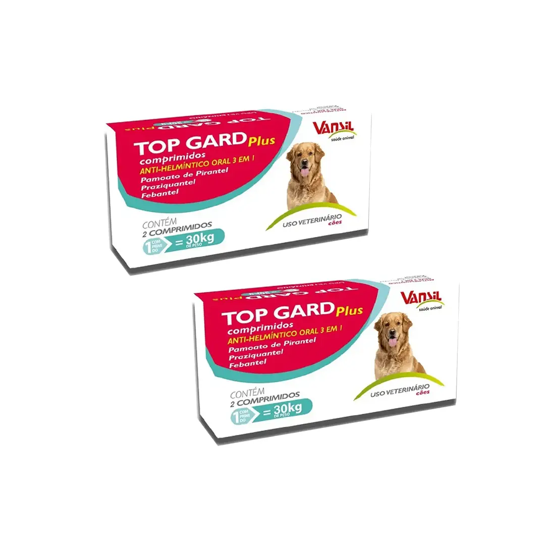 Vermífugo Top Gard Plus 30Kg 1800mg para Cães Kit 2 cx