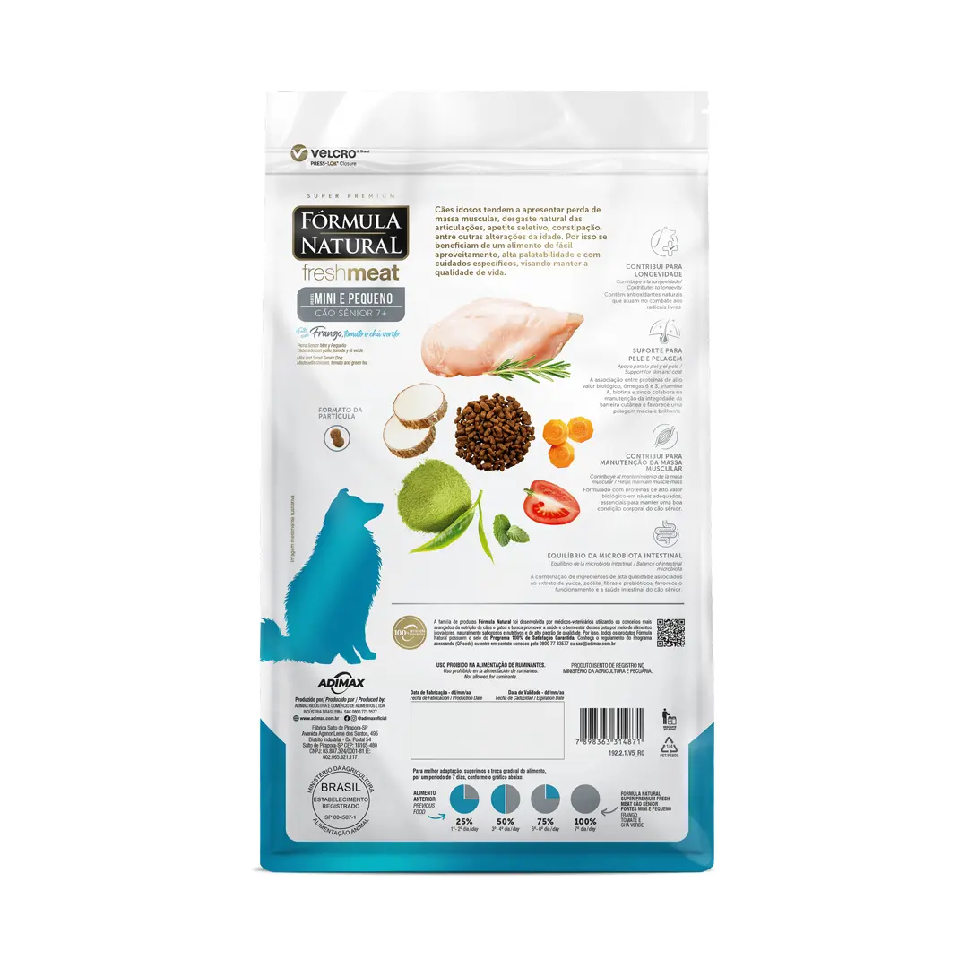 Ração Fórmula Natural Fresh Meat para Cães Sênior 7+ de Porte Mini e Pequeno Sabor Frango, Tomate e Chá Verde 10,1Kg Adimax
