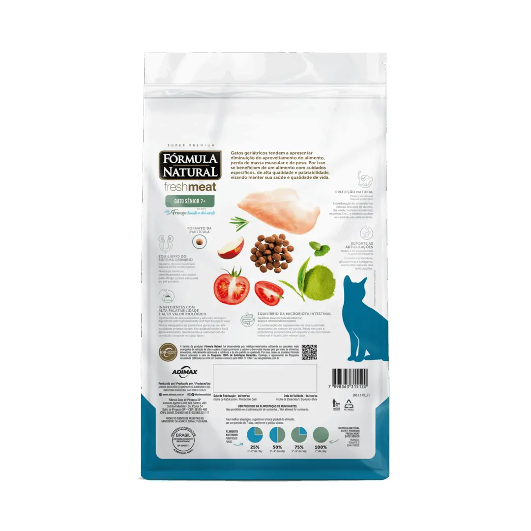 Ração Fórmula Natural Fresh Meat para Gatos Sênior 7+ Sabor Frango, Tomate e Chá Verde 10,1Kg Adimax
