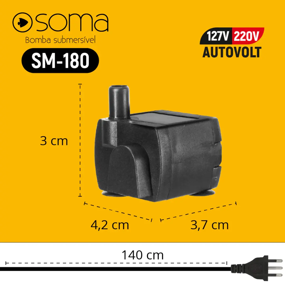 Bomba Submersa Soma SM-180 180L/H Bivolt para Aquários
