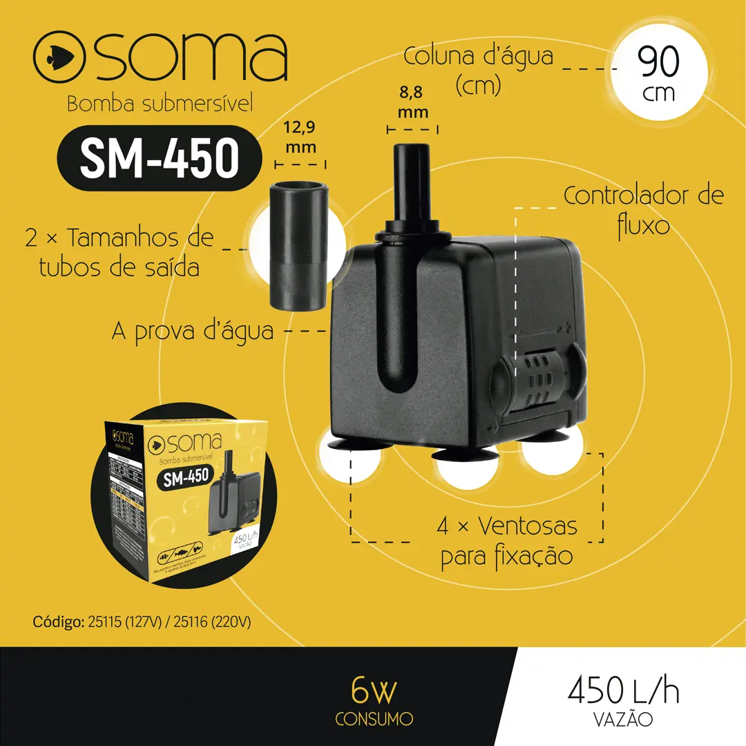 Bomba Submersa Soma SM-450 450L/H 220V para Aquários