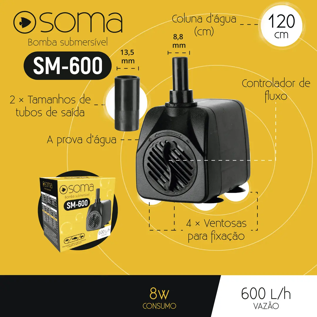 Bomba Submersa Soma SM-600 600L/H 127V para Aquários
