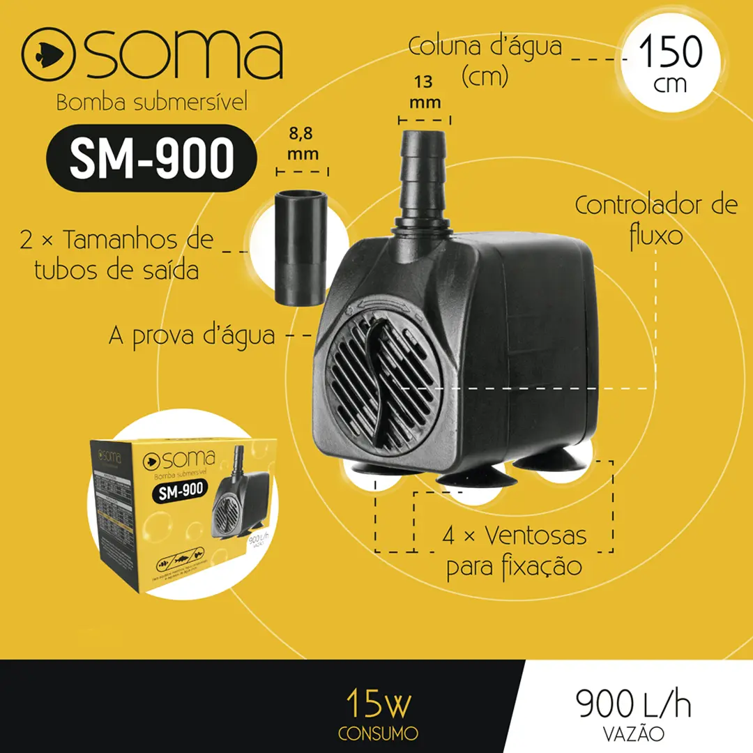 Bomba Submersa Soma SM-900 900L/H 127V para Aquários
