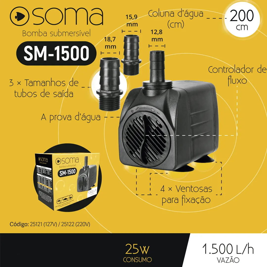 Bomba Submersa Soma SM-1500 1500L/H 127V para Aquários
