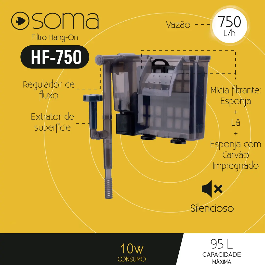 Filtro Externo HF-750 Soma Hang On 750l/h 10W 220V para Aquários